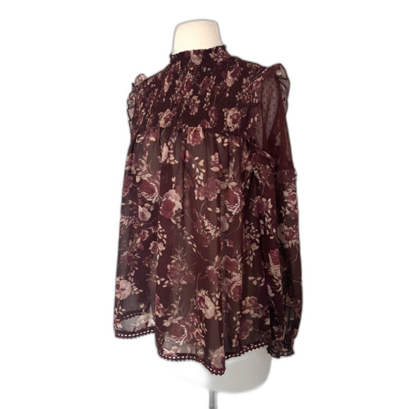 Taylor and Sage Printed Lace Illusion Dark Berry Bark Polyester Blouse Top Sz M - Picture 9 of 11